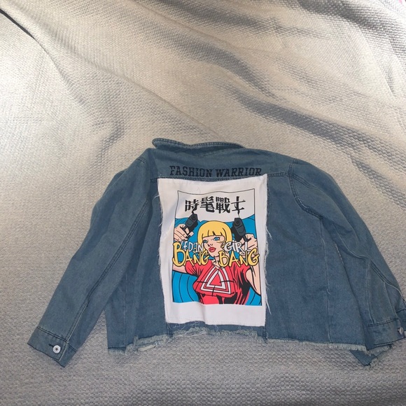 Pop Art Print Distressed Denim Jacket - Picture 6 of 7